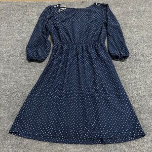 Vintage Dress Womens Size 18.5 Navy Blue Bird Print Elastic Waist Long Sleeve